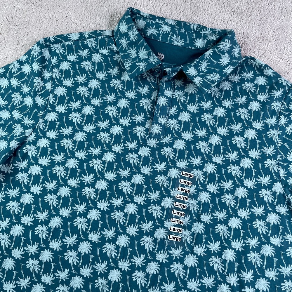 NEW All In Motion Polo Shirt Mens Large Teal Palm Tree Print Golf Tropical